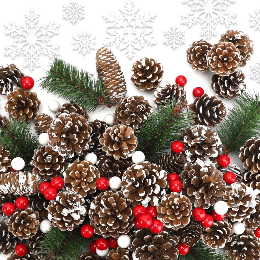 Holiday Pine Cone Set
Snowflake Ornaments 
White/Red Berries
Pine
200 Pieces NEW